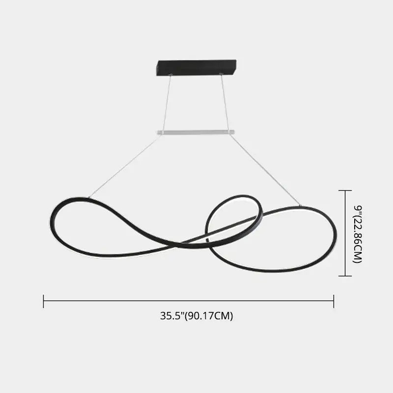 Black infinity-shaped led strip island light with minimalist metal dining room design and sleek modern chandelier structure