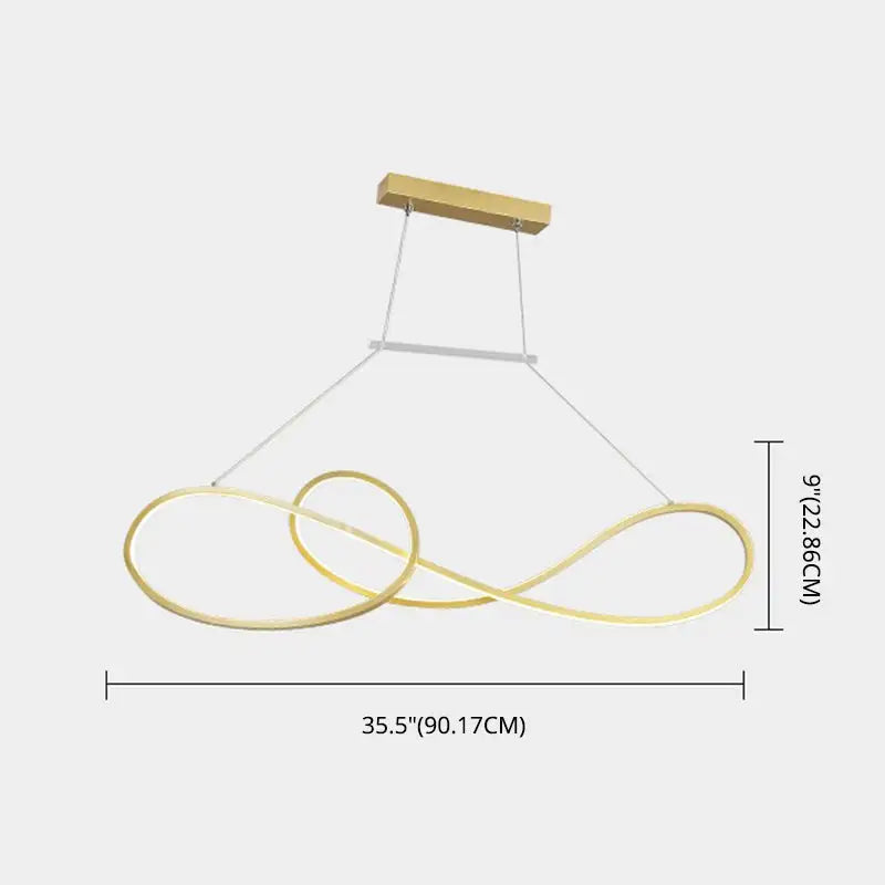 Gold-colored infinity loop led strip island light with wooden ceiling mount for minimalist metal dining room use