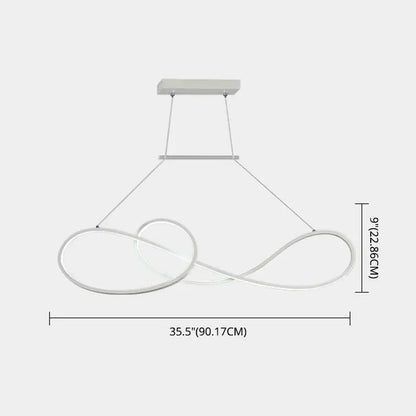 Minimalist gold infinity led strip island light with modern white led chandelier and sleek metal dining room design