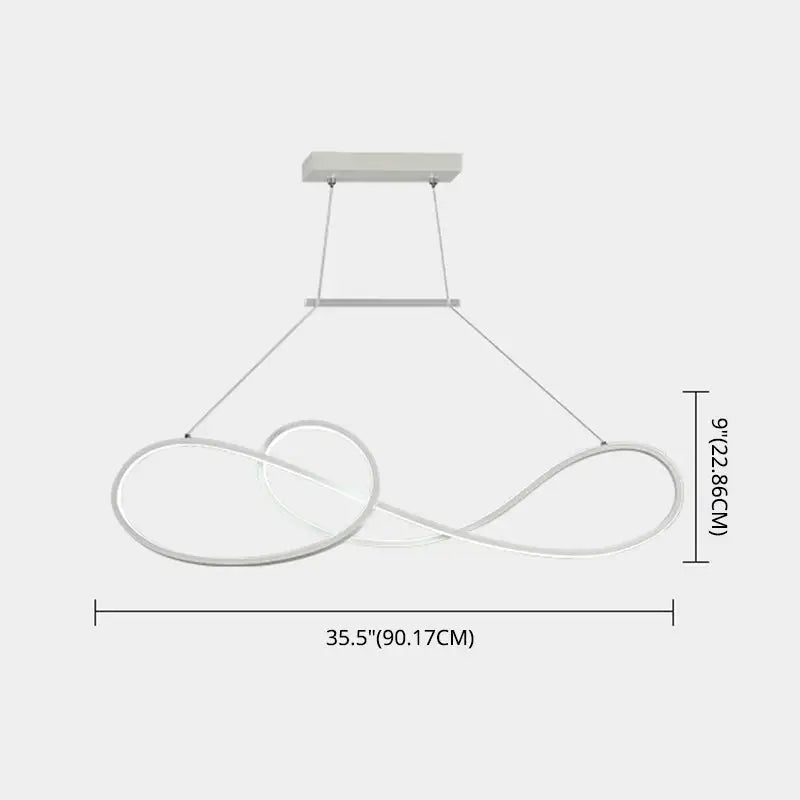 Minimalist gold infinity led strip island light with modern white led chandelier and sleek metal dining room design