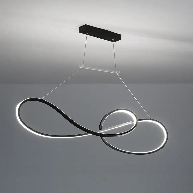 Modern black infinity-shaped led strip island light with sleek white illumination for minimalist metal dining room