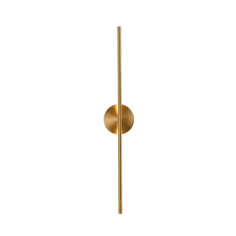 Minimalist gold linear led wall sconce lamps with a sleek vertical rod and circular base for bathroom lighting