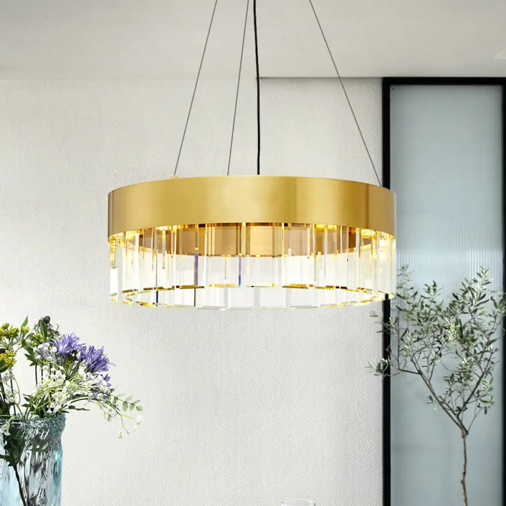 Lámpara colgante minimalista de metal dorado - Diseño redondo con 8 detalles de cristal