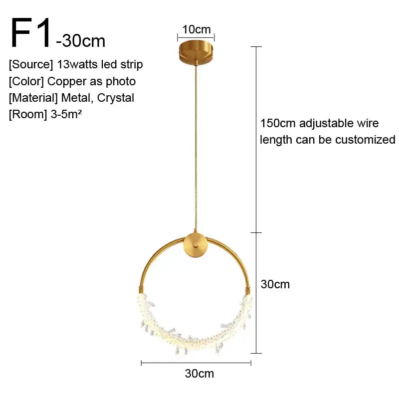 A copper-finished circular gold nordic pendant light with 13-watt led strip and dangling crystal accents decorbites pendant lights