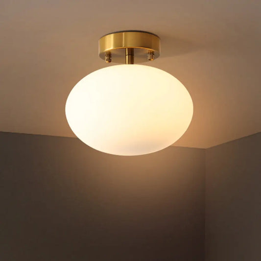 Minimalist Gold Oval Semi Flush Ceiling Light - 1-Light Cream Glass Lamp for Bedroom