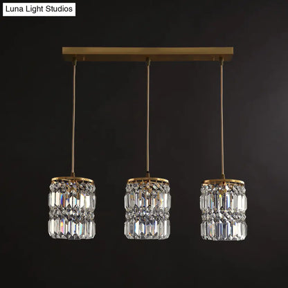 Minimalist Gold Pendant Light Fixture: Crystal Cylindrical Multi-Light Pendant, 3-Light Hanging Design for Dining Room