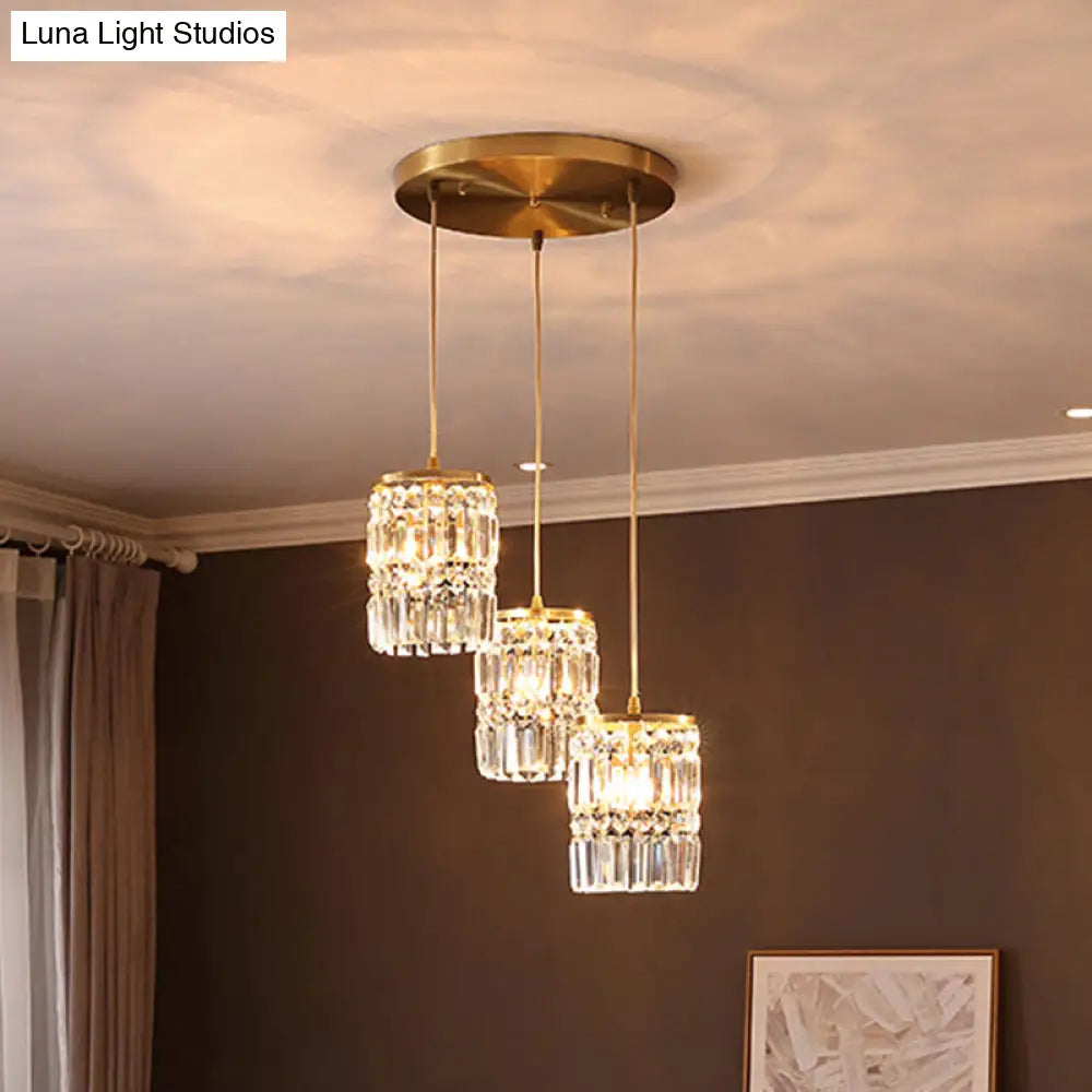 Minimalist Gold Pendant Light Fixture: Crystal Cylindrical Multi-Light Pendant, 3-Light Hanging Design for Dining Room