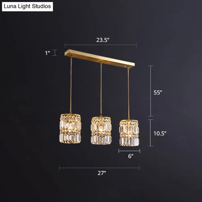 Minimalist Gold Pendant Light Fixture: Crystal Cylindrical Multi-Light Pendant, 3-Light Hanging Design for Dining Room