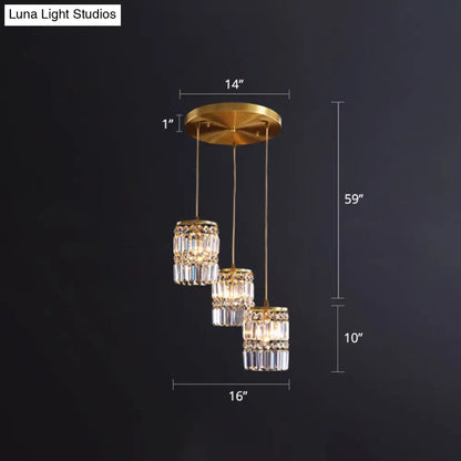 Minimalist Gold Pendant Light Fixture: Crystal Cylindrical Multi-Light Pendant, 3-Light Hanging Design for Dining Room