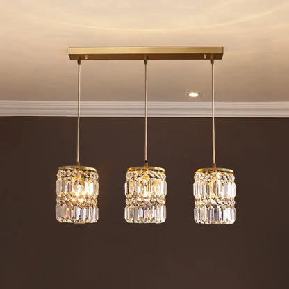 Minimalist Gold Pendant Light Fixture: Crystal Cylindrical Multi-Light Pendant, 3-Light Hanging Design for Dining Room