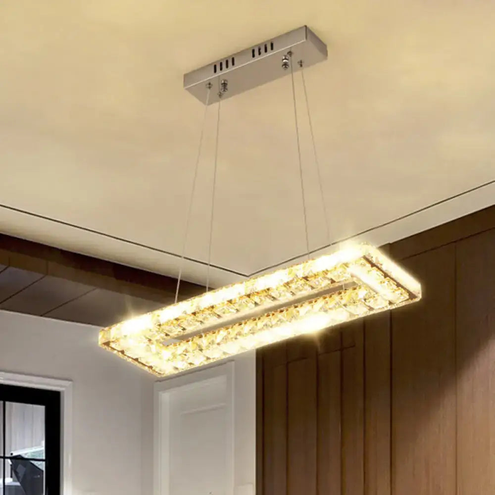 Decorbites minimalist rectangular led island pendant light with clear k9 crystal and warm led illumination in silver frame