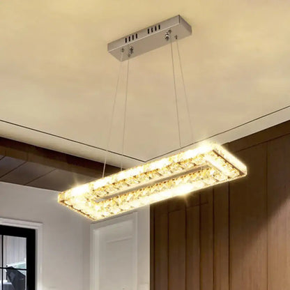 Decorbites minimalist rectangular led island pendant light with clear k9 crystal and warm led illumination in silver frame