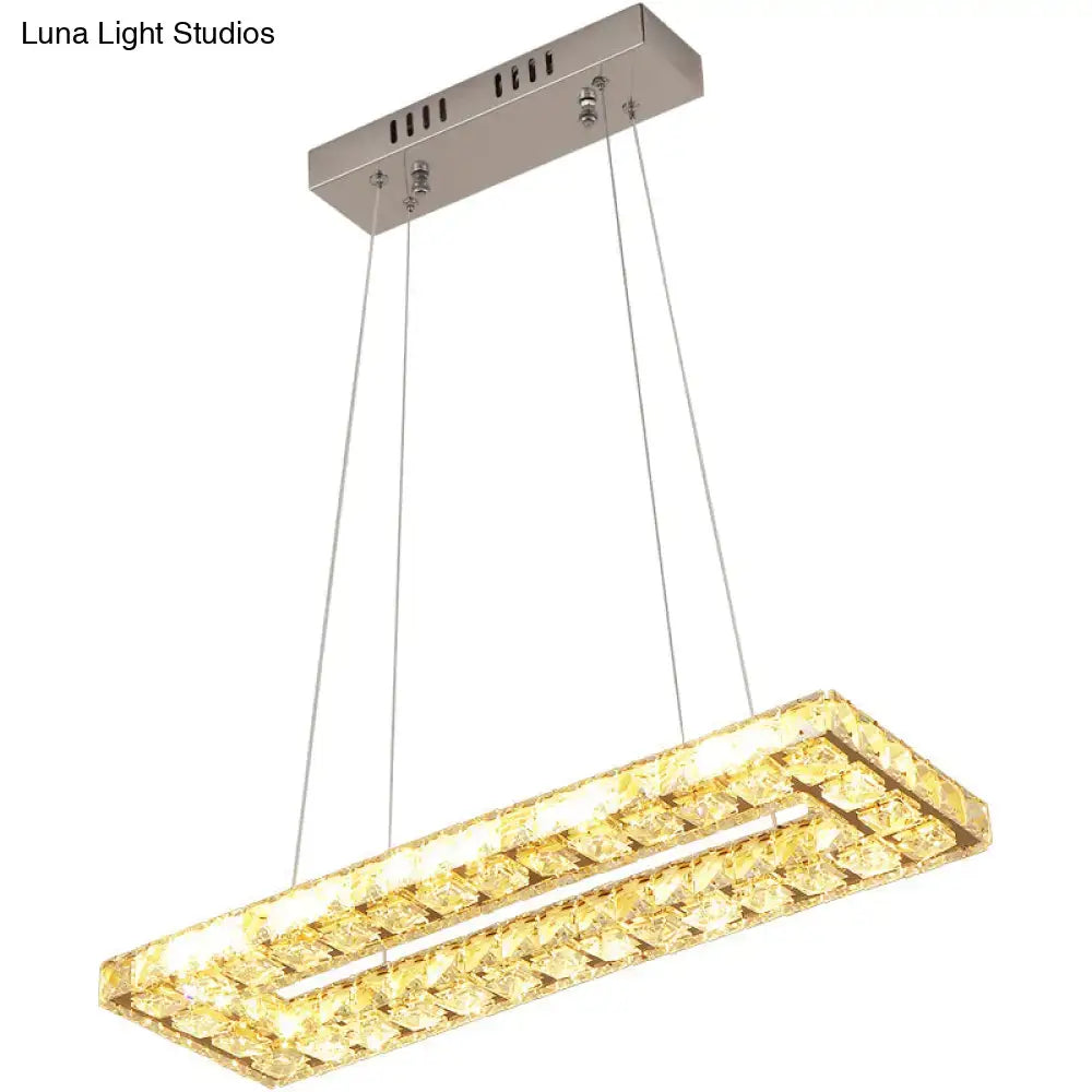 DecorBites™ minimalist rectangular led island pendant light with clear K9 crystal accents and warm golden chrome finish