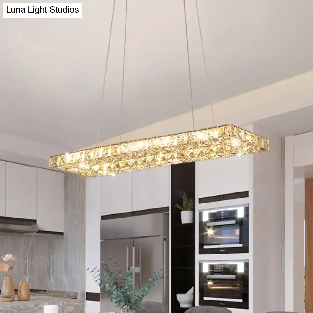 Gold crystal rectangular led island chandelier with faceted glass panels and embedded led lights for restaurants