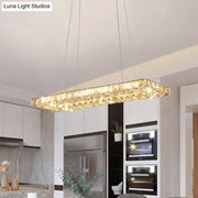 Gold crystal rectangular led island chandelier with faceted glass panels and embedded led lights for restaurants