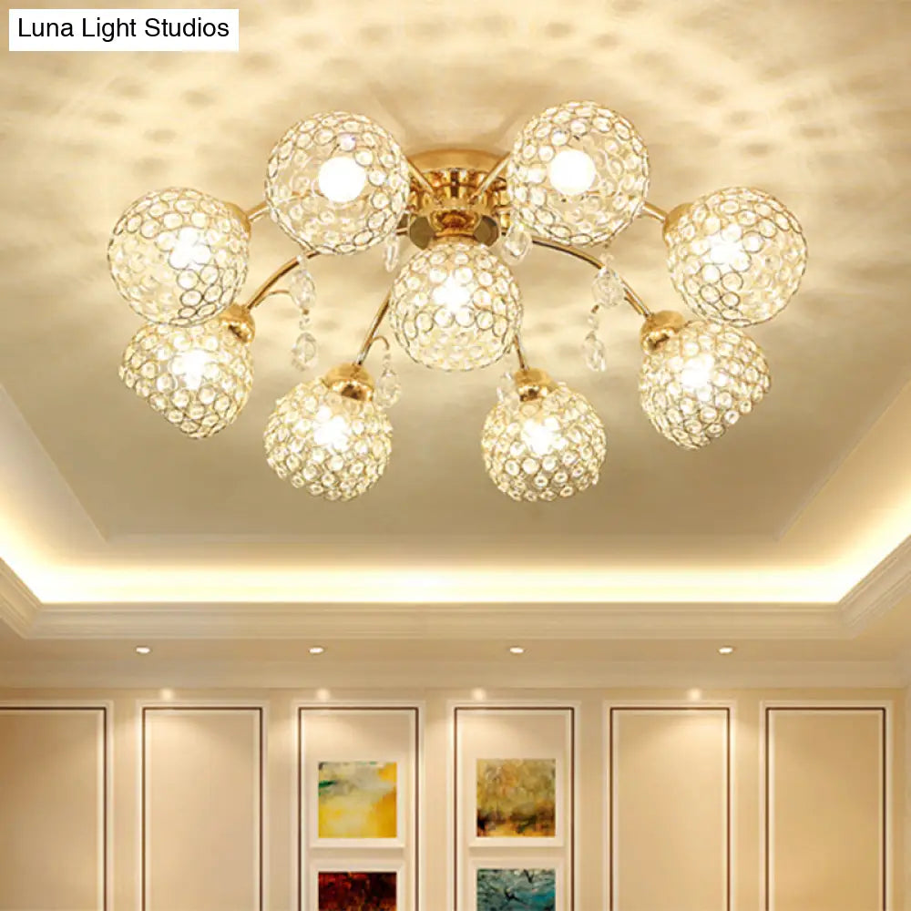 DecorBites™ DecorBites™ Minimalist Gold Semi-Flush Mount Light with Crystal-Embedded Shade - 6/9 Heads Ceiling Fixture
