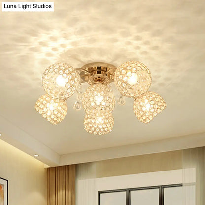 DecorBites™ DecorBites™ Minimalist Gold Semi-Flush Mount Light with Crystal-Embedded Shade - 6/9 Heads Ceiling Fixture