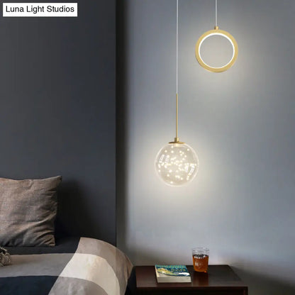 Minimalist Gold Starry LED Pendant Light for Bedroom with Glass Ball and Ring