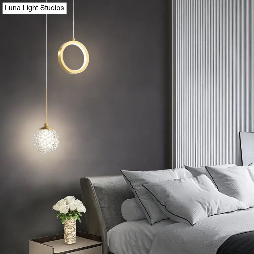 Minimalist Gold Starry LED Pendant Light for Bedroom with Glass Ball and Ring