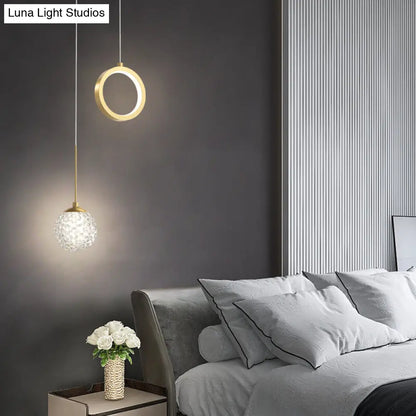 Minimalist Gold Starry LED Pendant Light for Bedroom with Glass Ball and Ring