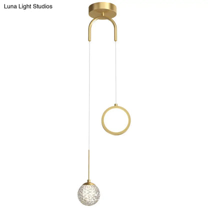 Minimalist Gold Starry LED Pendant Light for Bedroom with Glass Ball and Ring