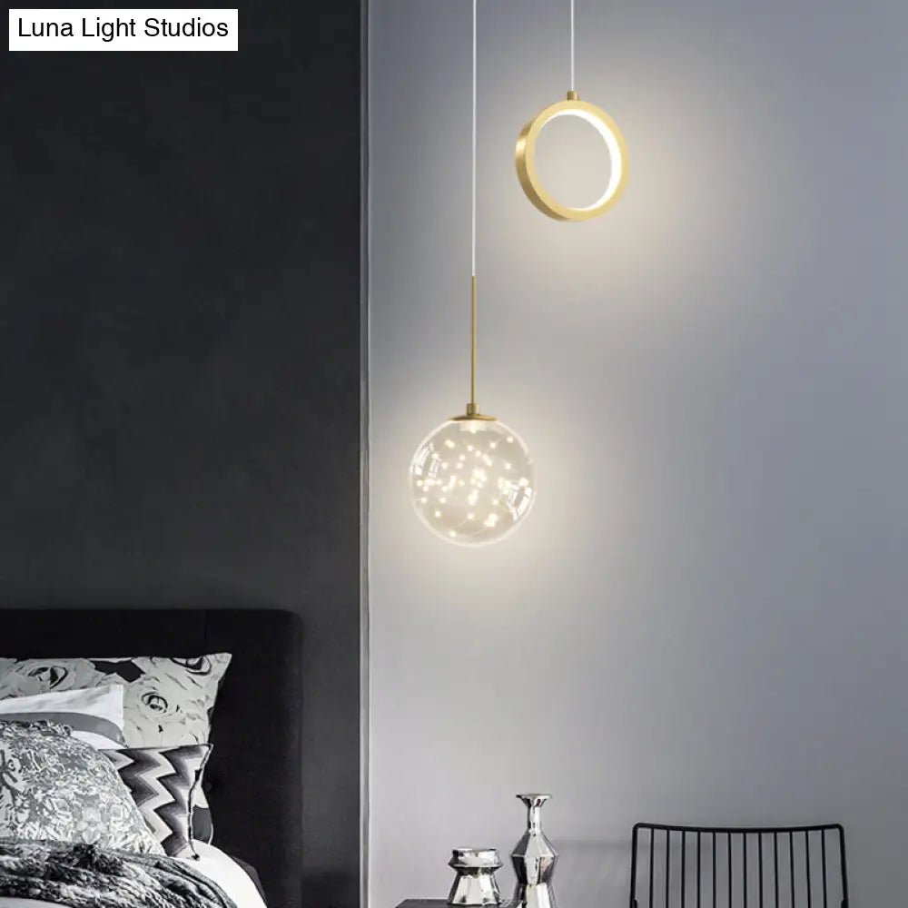 Minimalist Gold Starry LED Pendant Light for Bedroom with Glass Ball and Ring