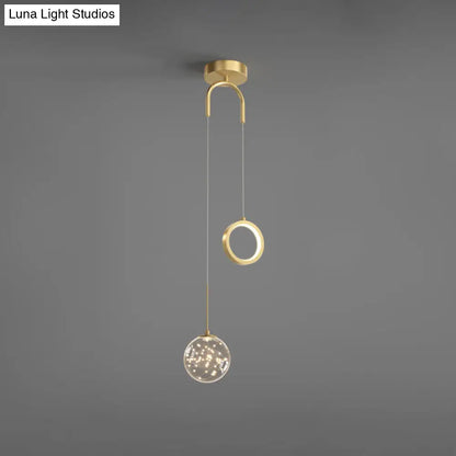 Minimalist Gold Starry LED Pendant Light for Bedroom with Glass Ball and Ring