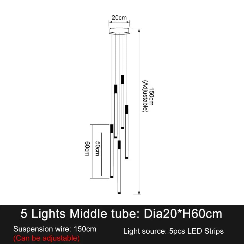 Adjustable elegant led chandelier with five black and white cylindrical tubes in a vertical cascade for living room