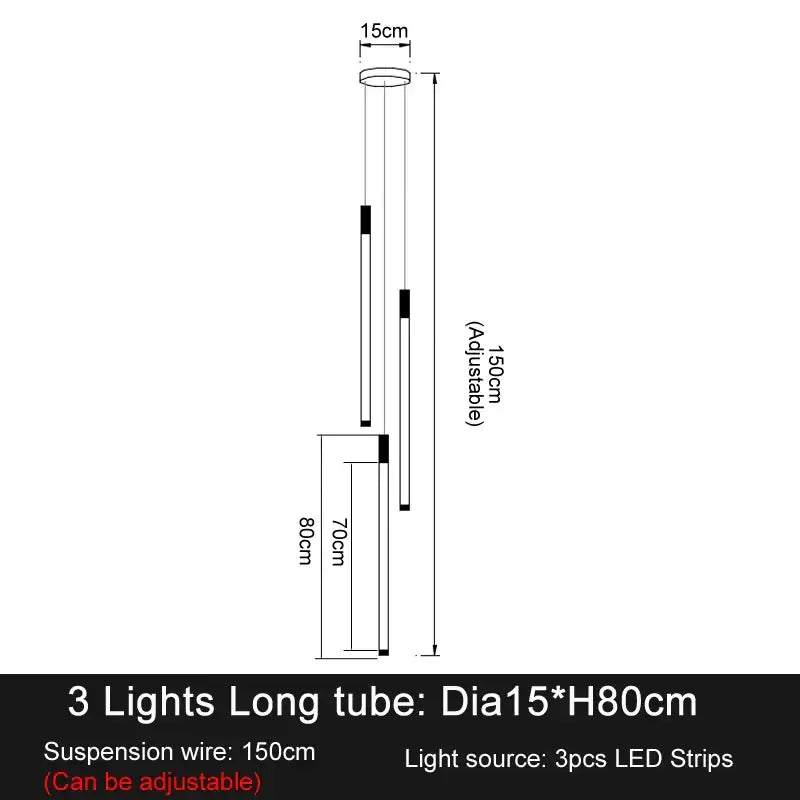 Adjustable 3-light long tube pendant with gold and white finish featuring elegant led chandelier design for living room