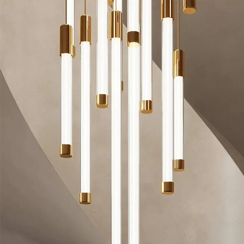 Minimalist gold and white elegant led chandelier featuring sleek cylindrical glass tubes for living room lighting
