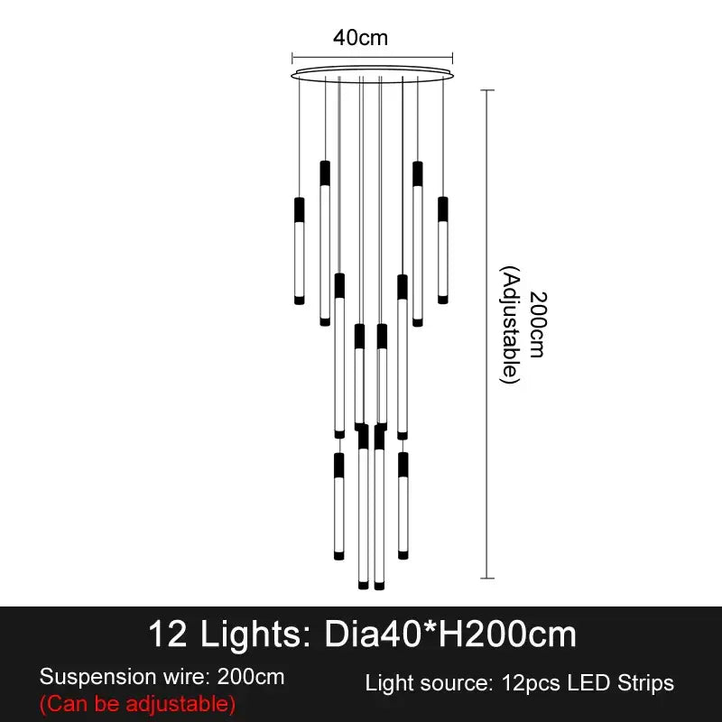 Minimalist gold and white elegant led chandelier with 12 cascading strips for living room lighting and adjustable height
