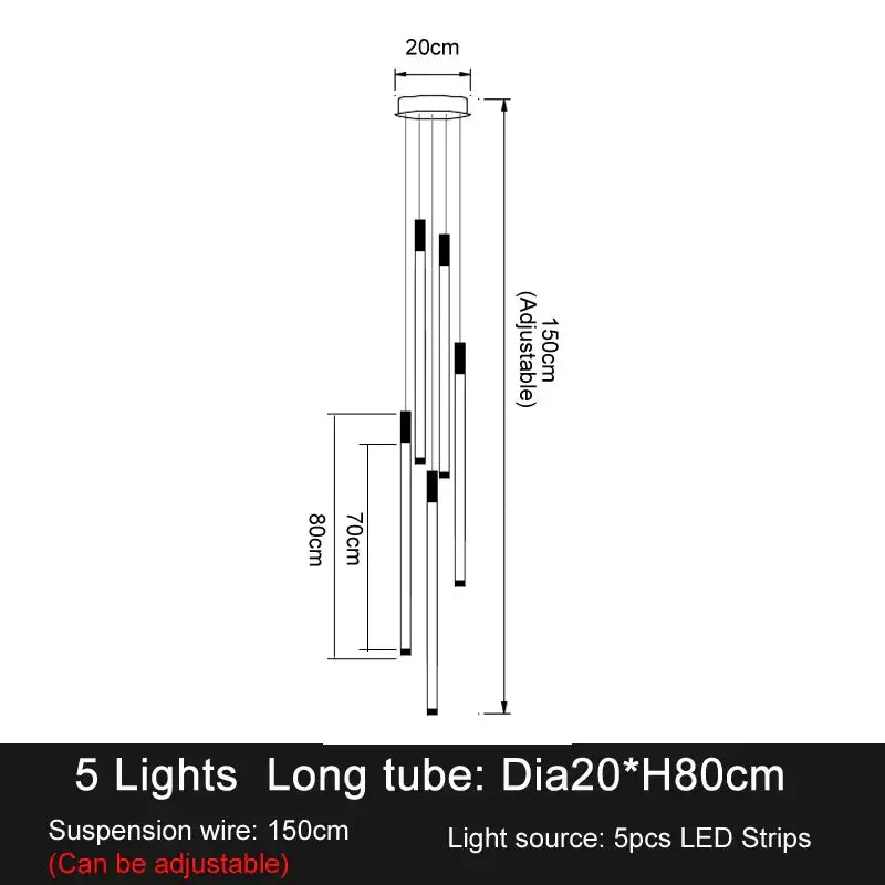 A minimalist gold and white elegant led chandelier with five adjustable led strips in a cylindrical housing for living room