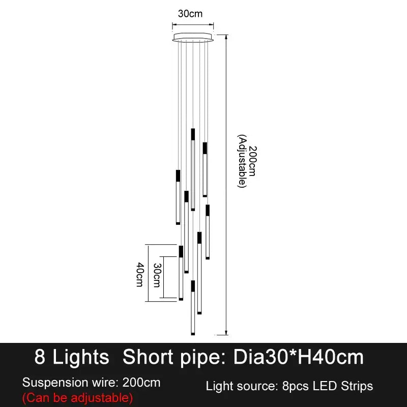 Minimalist gold and white elegant led chandelier with eight cascading black and white cylindrical strips for living room