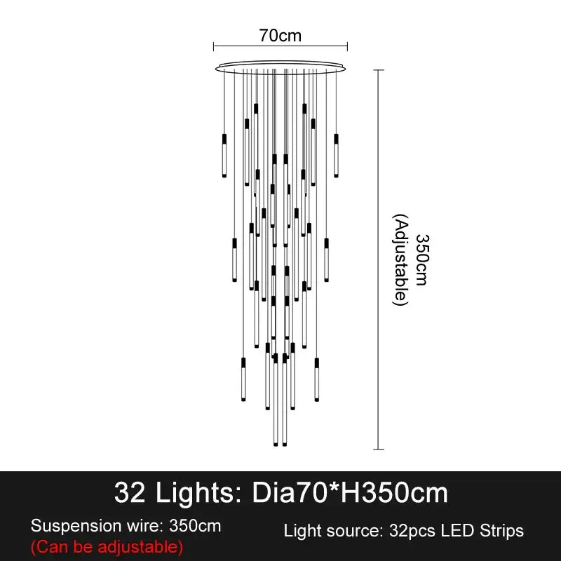 Modern black and white elegant led chandelier with 32 cascading lights designed for living room illumination