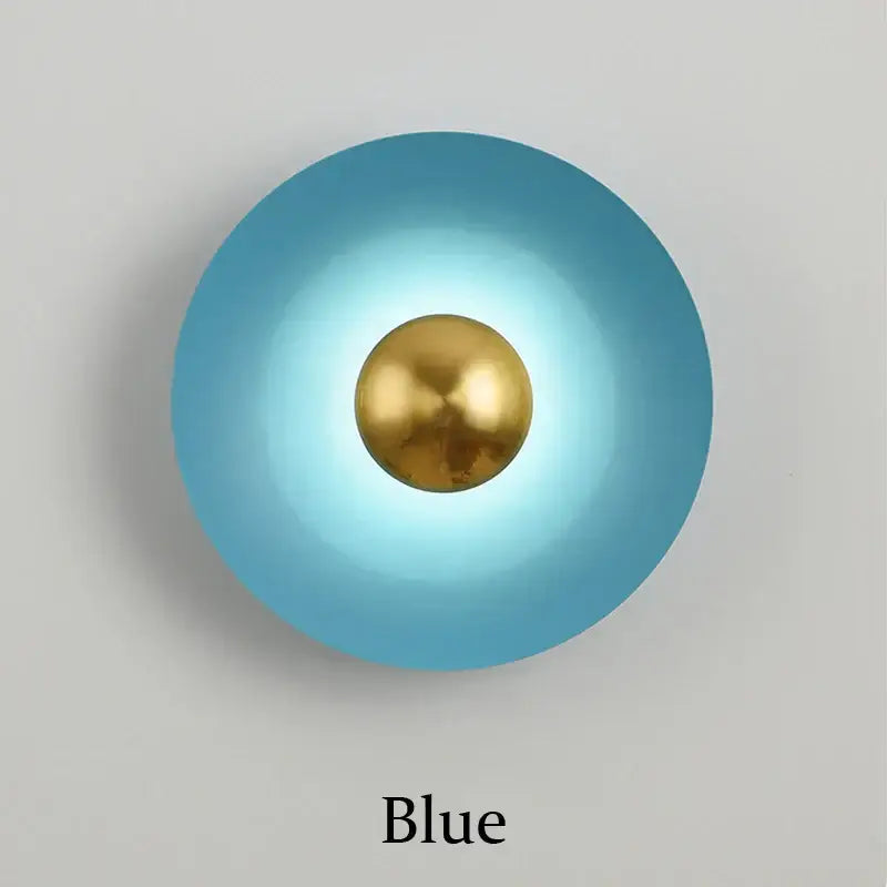 Blue circular wall lamp with a central gold sphere decorbites golden macaroon led for minimalist bedroom ambient light