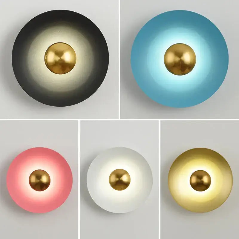 Modern minimalist golden macaroon led wall lamp with circular matte black blue pink white and gold sconces featuring central gold sphere