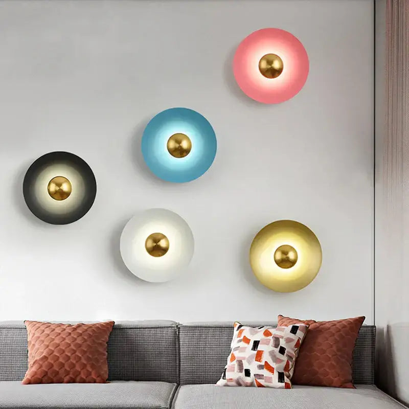 Set of five minimalist decorbites golden macaroon led wall lamps in pink blue black white and gold with metallic centers