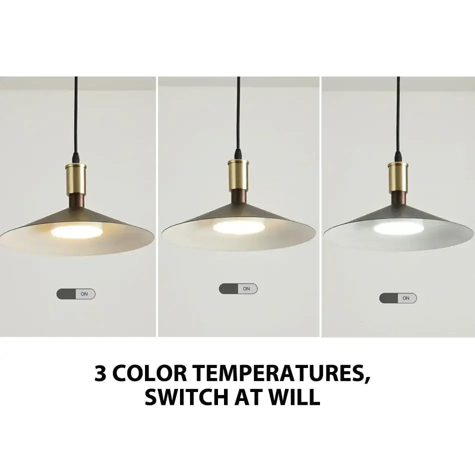 Minimalist gray and brass decorbites dimming pendant light with matte black shade and adjustable color temperatures for dining room