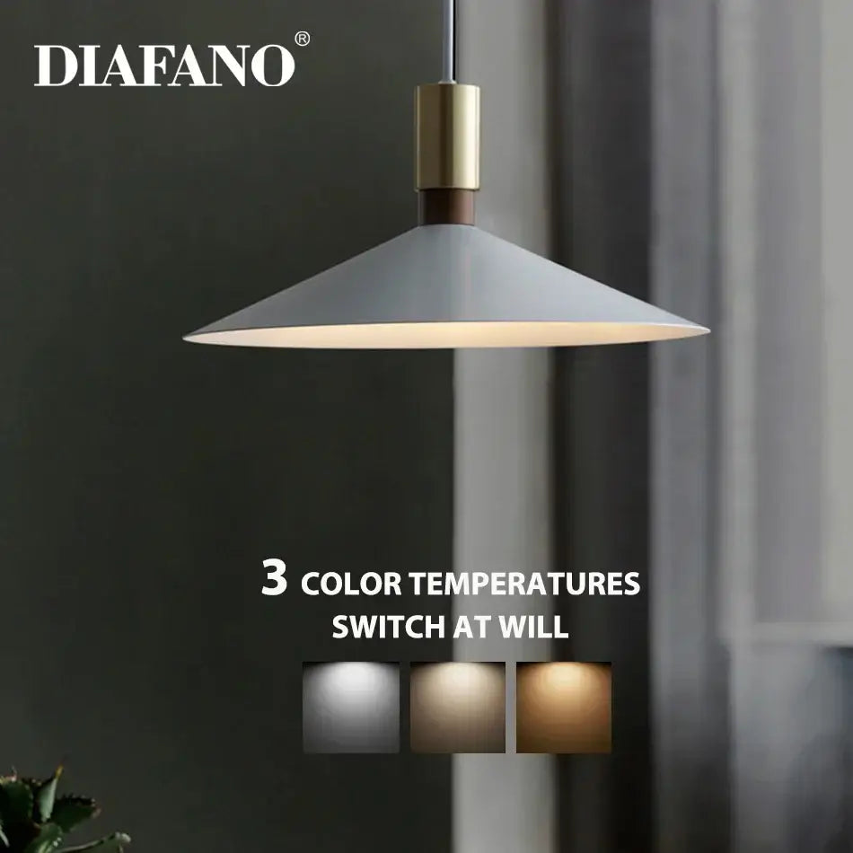 Diafano modern pendant light with matte gray conical shade and brass top is a minimalist gray and brass dimming pendant light