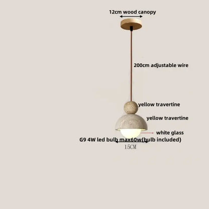Minimalist pendant light with gray concrete glass ball, 12cm wood canopy, adjustable wire, and yellow travertine spheres decorbites glass ball