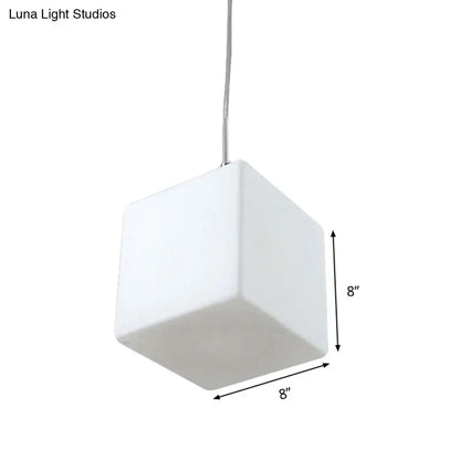 Minimalist Hanging Glass Pendant Light - White Cubic Design, 5"/6"/8" Width