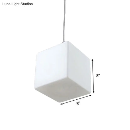 Minimalist Hanging Glass Pendant Light - White Cubic Design, 5"/6"/8" Width