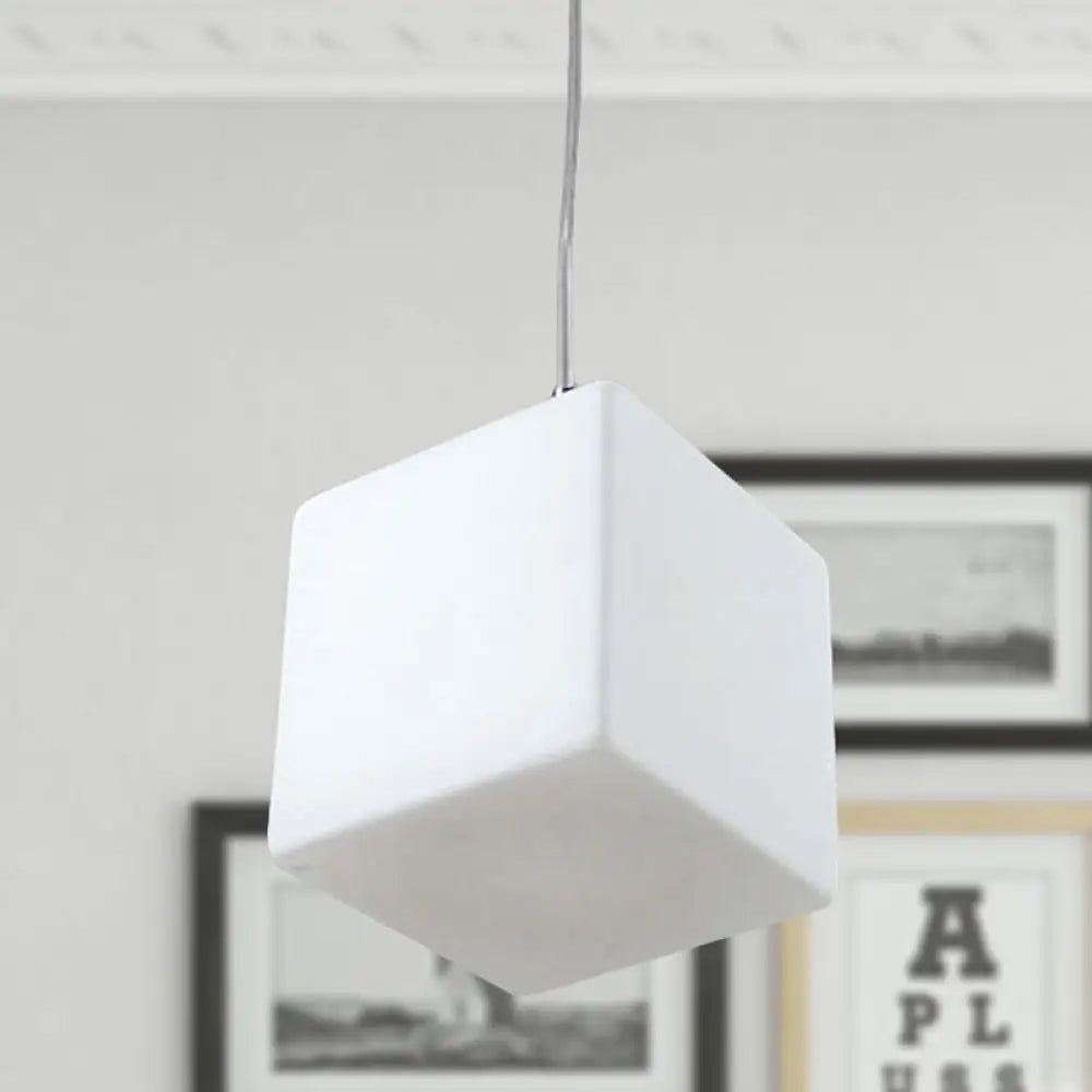 Minimalist Hanging Glass Pendant Light - White Cubic Design, 5"/6"/8" Width