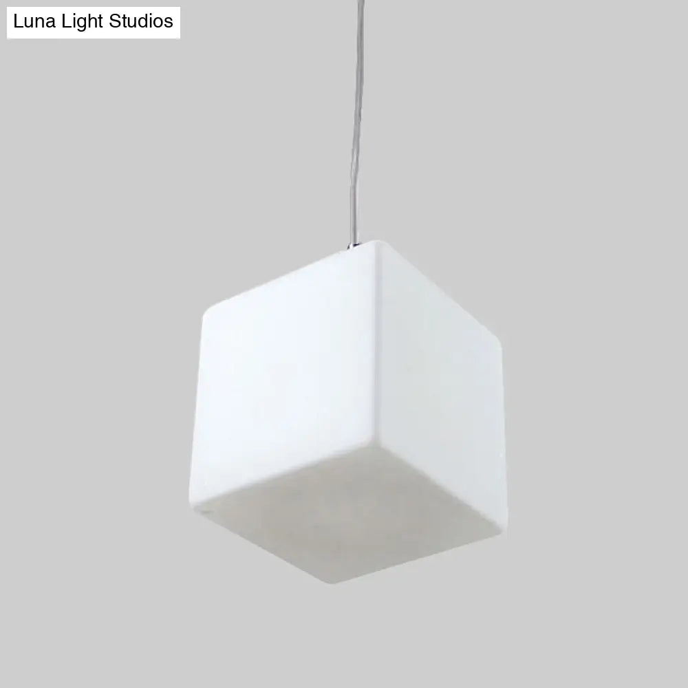 Minimalist Hanging Glass Pendant Light - White Cubic Design, 5"/6"/8" Width