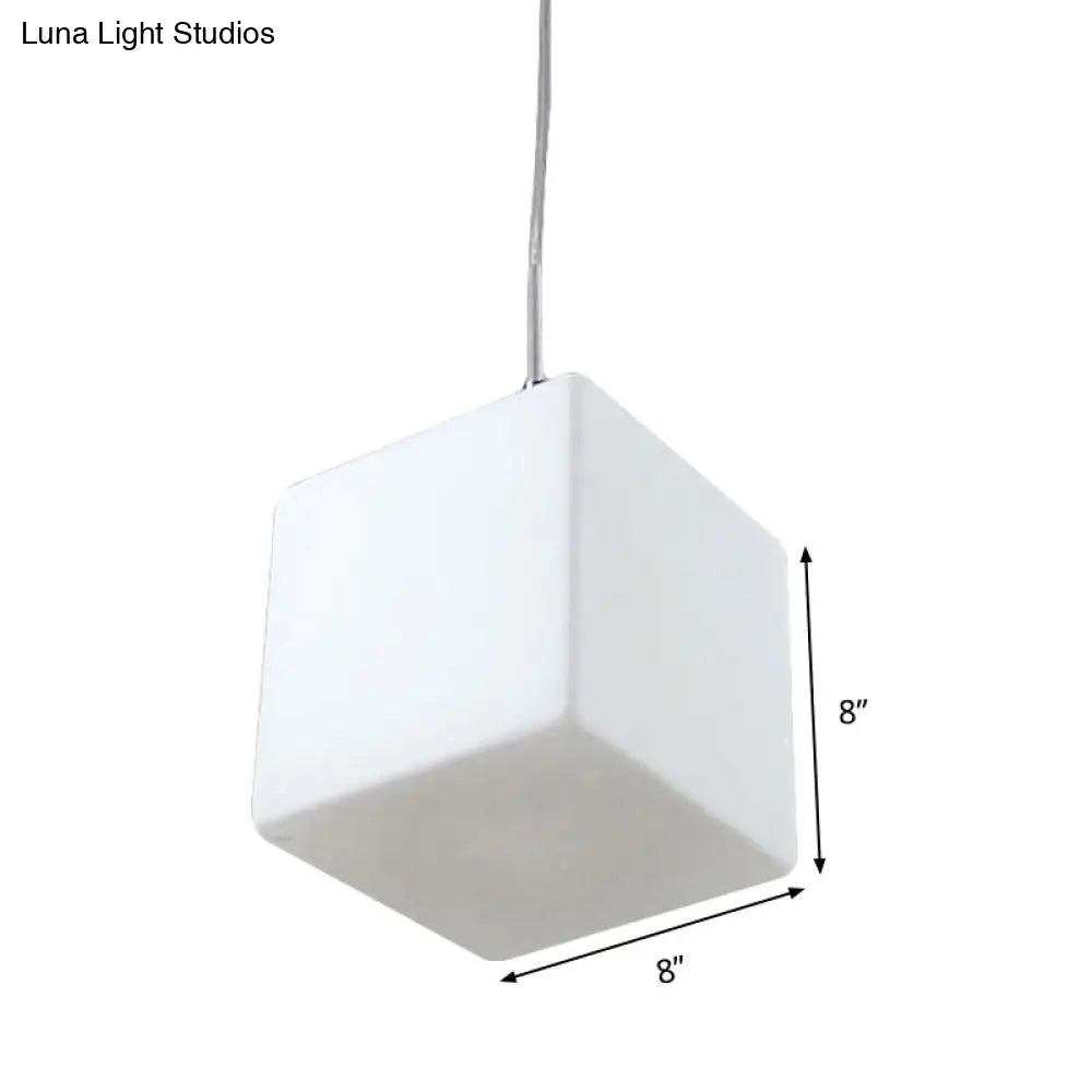 Minimalist Hanging Glass Pendant Light - White Cubic Design, 5"/6"/8" Width