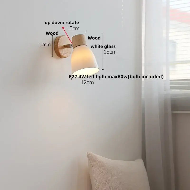 Minimalist iron wood led wall lamp with natural wood base white glass shade and adjustable up-down rotation decorbites iron wood