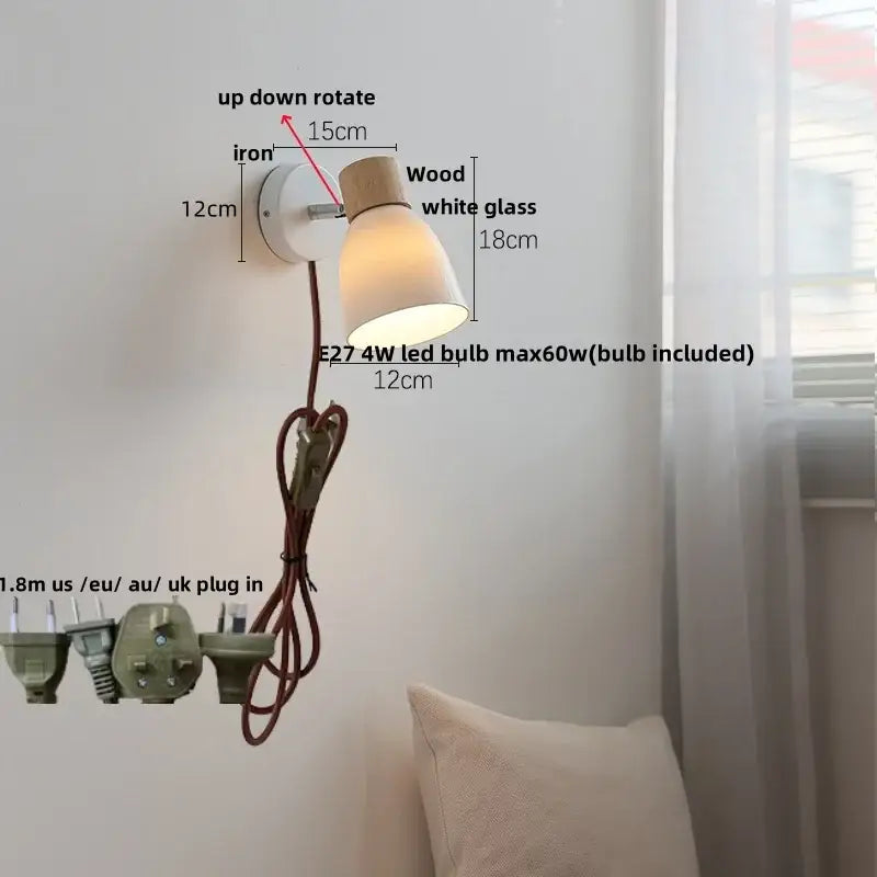 Adjustable wall lamp with white glass shade wooden top cap and iron mounting bracket decorbites iron wood led design