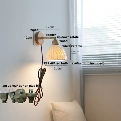 White ceramic wall lamp with fluted shade and wooden arm from decorbites iron wood led collection for bedroom light