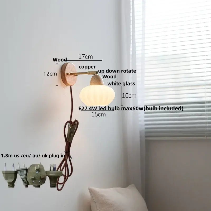 Minimalist copper and wood wall lamp with white glass shade decorbites iron wood led pull chain bedroom light