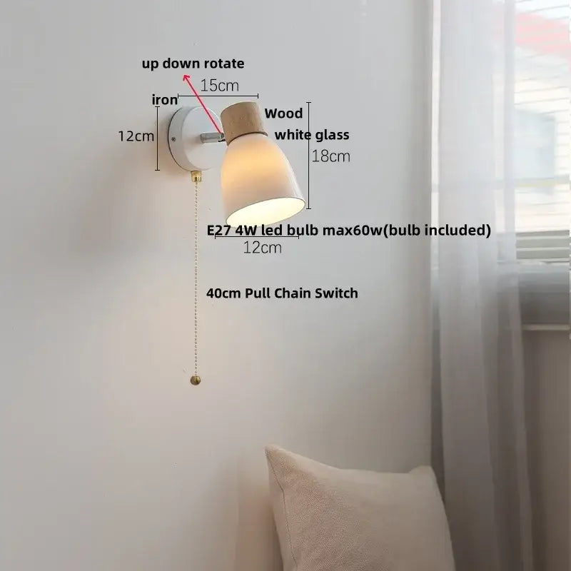 Minimalist wall lamp with white iron base wooden top accent and frosted glass shade by decorbites iron wood led series